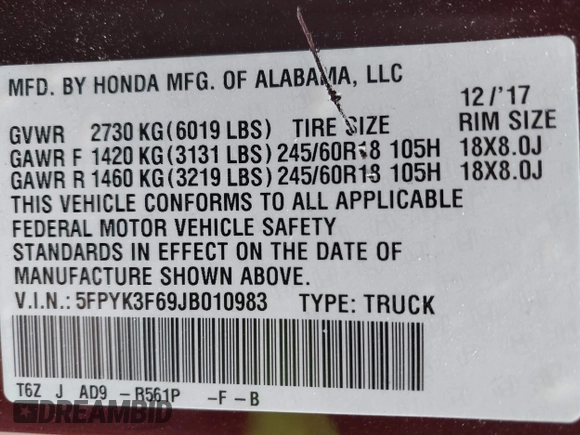 2018 Honda Ridgeline RTL-T with VIN 5FPYK3F69JB010983, listed as a IAAI auction lot 41781716 with 45,494 mi miles and . Bid and sale history available at DreamBid. Image 9.
