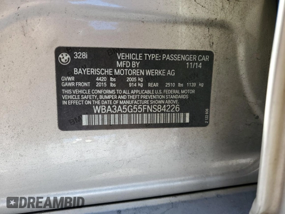 2015 BMW 3 Series 328i with VIN WBA3A5G55FNS84226, listed as a Copart auction lot 50106465 with 122,659 mi miles and Clean title. Bid and sale history available at DreamBid. Image 13.