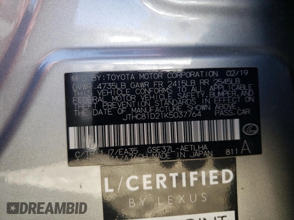 2019 Lexus IS 300 with VIN JTHC81D21K5037764, listed as a Copart auction lot 52334345 with 98,206 mi miles and Salvage title. Bid and sale history available at DreamBid. Image 12.