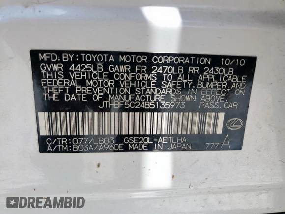 2011 Lexus IS 250 с VIN JTHBF5C24B5135973, выставлен на аукционе Copart как лот 61450785 с пробегом 158 540 миль миль и Списание • Salvage title. История ставок и продаж доступна на DreamBid. Изображение 12.