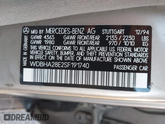 1995 Mercedes-Benz C with VIN WDBHA28E2SF191740, listed as a IAAI auction lot 41172625 with 331,540 mi miles. Bid and sale history available at carsss.com. Image 9.