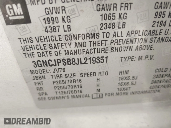 2018 Chevrolet Trax LT with VIN 3GNCJPSB8JL219351, listed as a IAAI auction lot 41936566 with 117,669 mi miles. Bid and sale history available at carsss.com. Image 9.