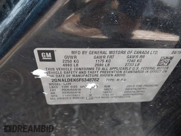 2015 Chevrolet Equinox LTZ with VIN 2GNALDEK6F6348762, listed as a IAAI auction lot 41815982 with 147,332 mi miles. Bid and sale history available at carsss.com. Image 9.