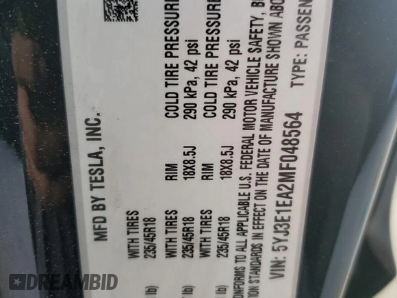2021 Tesla Model 3 Standard Range Plus with VIN 5YJ3E1EA2MF048564, listed as a Copart auction lot 88754285 with 57,894 mi miles and Non Repairable. Bid and sale history available at DreamBid. Image 12.