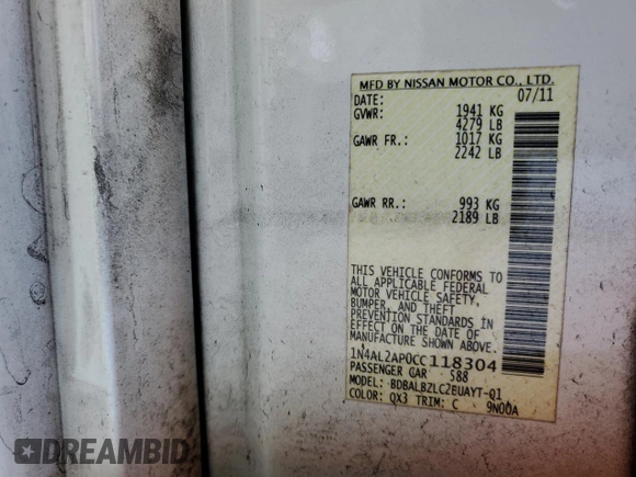 2012 Nissan Altima 2.5 S with VIN 1N4AL2AP0CC118304, listed as a Copart auction lot 52189125 with 0 mi miles and Salvage Title. Bid and sale history available at carsss.com. Image 12.