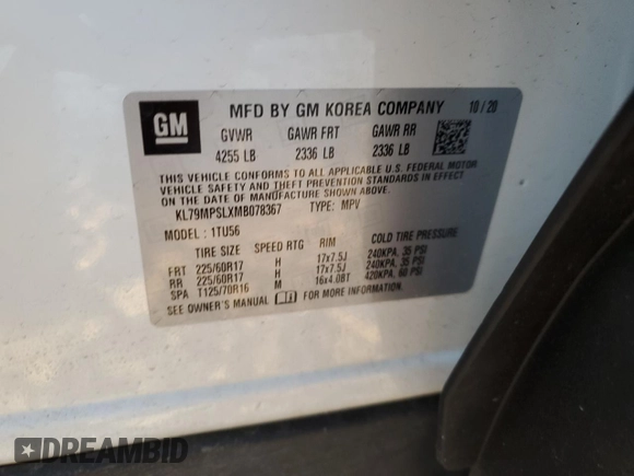 2021 Chevrolet TrailBlazer LT with VIN KL79MPSLXMB078367, listed as a Copart auction lot 48801295 with 56,609 mi miles and Non Repairable. Bid and sale history available at carsss.com. Image 16.