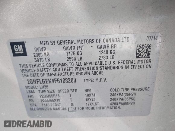 2015 Chevrolet Equinox LT with VIN 2GNFLGEK4F6108200, listed as a IAAI auction lot 41983364 with 174,291 mi miles. Bid and sale history available at carsss.com. Image 9.