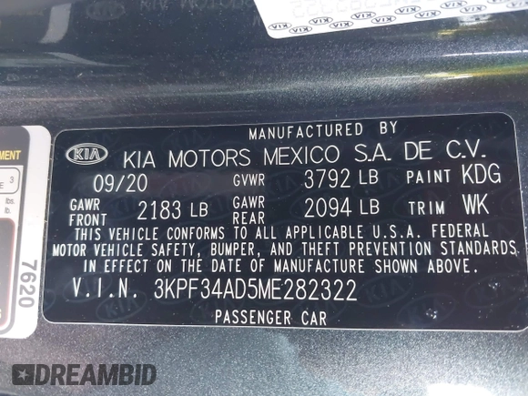 2021 Kia Forte GT-Line with VIN 3KPF34AD5ME282322, listed as a IAAI auction lot 42266008 with 57,572 mi miles and . Bid and sale history available at DreamBid. Image 9.