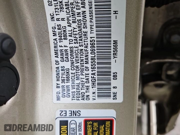 2008 Honda Civic LX with VIN 1HGFA16558L069651, listed as a Copart auction lot 54701515 with 169,910 mi miles and Clean Title. Bid and sale history available at DreamBid. Image 12.