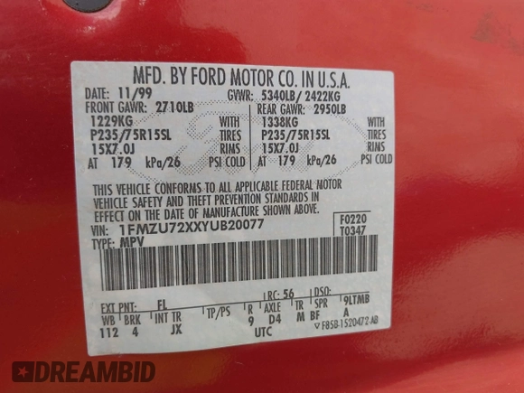 2000 Ford Explorer XLS с VIN 1FMZU72XXYUB20077, выставлен на аукционе IAAI как лот 42744904 с пробегом 149 319 миль миль и . История ставок и продаж доступна на DreamBid. Изображение 9.