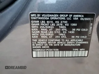 2023 Volkswagen Atlas SEL with VIN 1V2BR2CA1PC541936, listed as a Copart auction lot 83020234 with 20,919 mi miles and Salvage title. Bid and sale history available at DreamBid. Image 14.