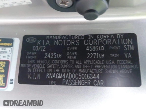 2012 Kia Optima Hybrid with VIN KNAGM4AD0C5016344, listed as a IAAI auction lot 41609544 with 149,986 mi miles. Bid and sale history available at carsss.com. Image 9.