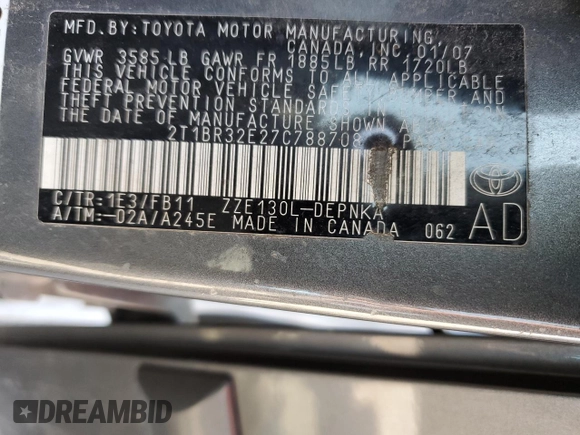 2007 Toyota Corolla CE with VIN 2T1BR32E27C788708, listed as a Copart auction lot 49352645 with 193,540 mi miles and Salvage Title. Bid and sale history available at DreamBid. Image 13.
