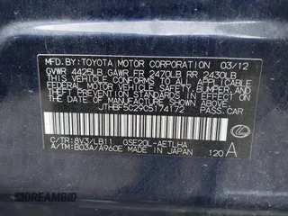 2012 Lexus IS 250 with VIN JTHBF5C29C5174172, listed as a IAAI auction lot 42446094 with 172,893 mi miles and . Bid and sale history available at DreamBid. Image 9.