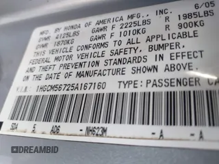2005 Honda Accord EX with VIN 1HGCM56725A167160, listed as a IAAI auction lot 42036747 with 235,647 mi miles and . Bid and sale history available at DreamBid. Image 9.