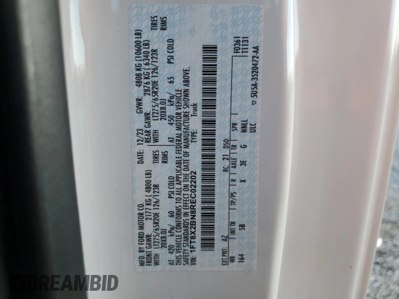 2024 Ford F-250 with VIN 1FT8X2BN8REC02202, listed as a Copart auction lot 79477304 with 16,581 mi miles and Salvage title. Bid and sale history available at DreamBid. Image 12.