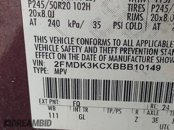2011 Ford Edge Limited with VIN 2FMDK3KCXBBB10149, listed as a IAAI auction lot 42550935 with 272,656 mi miles and . Bid and sale history available at DreamBid. Image 9.