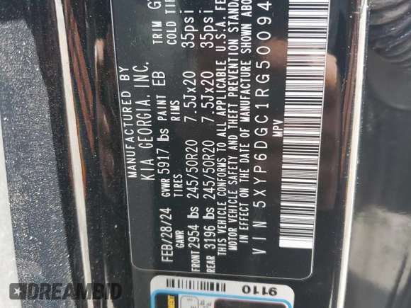 2024 Kia Telluride S with VIN 5XYP6DGC1RG500941, listed as a Copart auction lot 55522735 with 7,172 mi miles and Salvage title. Bid and sale history available at DreamBid. Image 14.