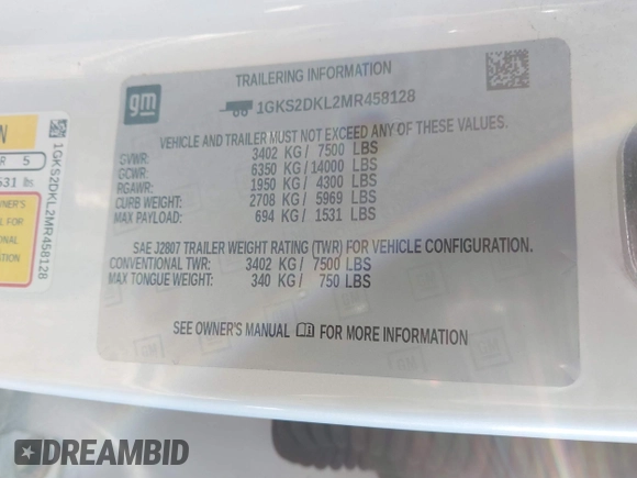 2021 GMC Yukon Denali with VIN 1GKS2DKL2MR458128, listed as a IAAI auction lot 41343876 with 64,732 mi miles. Bid and sale history available at carsss.com. Image 9.