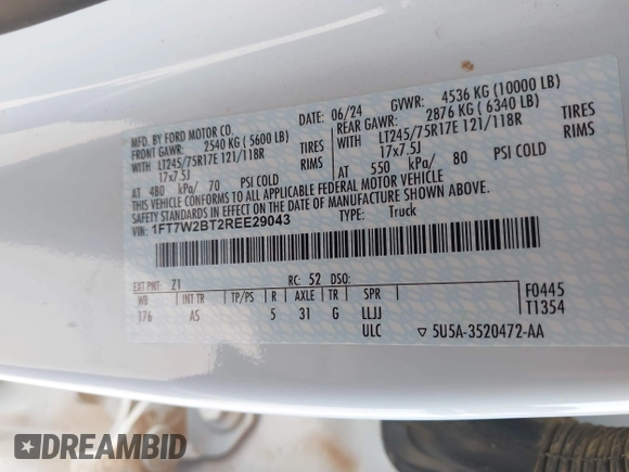 2024 Ford F-250 XL with VIN 1FT7W2BT2REE29043, listed as a IAAI auction lot 42307279 with 7,339 mi miles and . Bid and sale history available at DreamBid. Image 9.