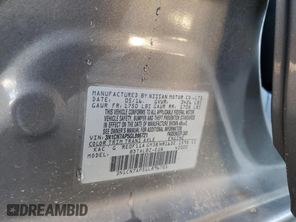 2016 Nissan Versa S with VIN 3N1CN7AP5GL896721, listed as a Copart auction lot 46891495 with 95,915 mi miles and Salvage Title. Bid and sale history available at carsss.com. Image 14.