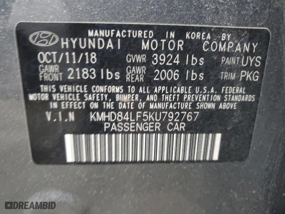 2019 Hyundai Elantra Preferred with VIN KMHD84LF5KU792767, listed as a Copart auction lot 53934515 with 67,461 mi miles and Salvage Title. Bid and sale history available at carsss.com. Image 12.