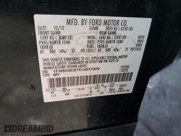 2013 Ford Explorer XLT with VIN 1FM5K8D87DGB51909, listed as a Copart auction lot 52037275 with 115,493 mi miles and Salvage Title. Bid and sale history available at carsss.com. Image 13.