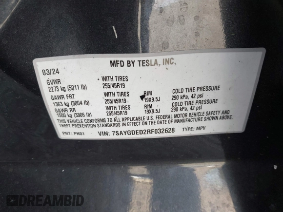 2024 Tesla Model Y z VIN 7SAYGDED2RF032628, wystawiony jako IAAI lot #42507569 z przebiegiem 22 845 mil mil oraz . Historia ofert i sprzedaży dostępna na DreamBid. Obrazek 9.