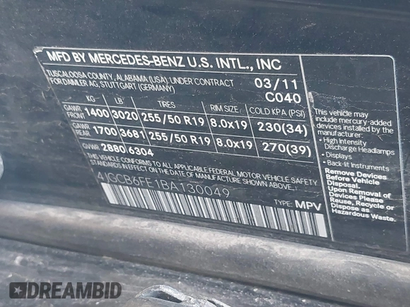 2011 Mercedes-Benz R 350 with VIN 4JGCB6FE1BA130049, listed as a IAAI auction lot 41402227 with 155,557 mi miles and . Bid and sale history available at DreamBid. Image 9.