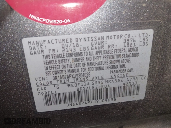 2018 Nissan Sentra S with VIN 3N1AB7APXJY304028, listed as a IAAI auction lot 41730501 with 97,455 mi miles. Bid and sale history available at carsss.com. Image 9.