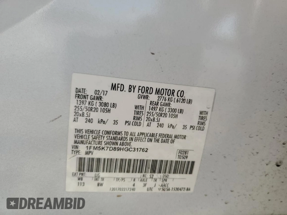 2017 Ford Explorer XLT with VIN 1FM5K7D89HGC31762, listed as a Copart auction lot 51078005 with 162,369 mi miles and Salvage Title. Bid and sale history available at DreamBid. Image 12.