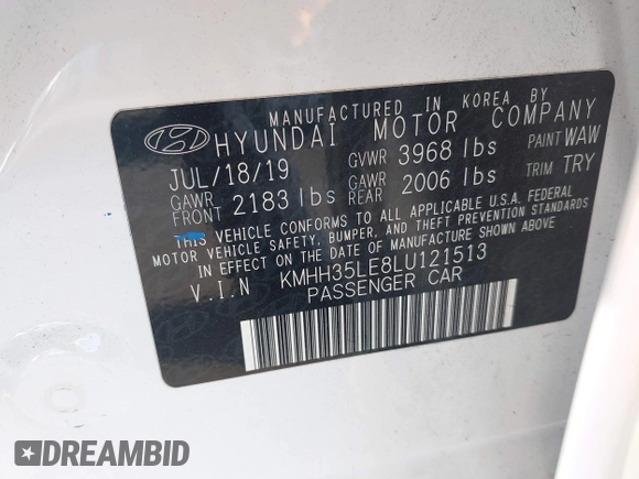 2020 Hyundai Elantra GT with VIN KMHH35LE8LU121513, listed as a IAAI auction lot 41933447 with 36,008 mi miles. Bid and sale history available at carsss.com. Image 9.