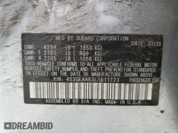 2020 Subaru Impreza with VIN 4S3GKAA63L1611723, listed as a Copart auction lot 52304705 with 64,448 mi miles and Salvage title. Bid and sale history available at DreamBid. Image 13.