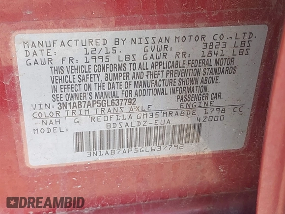 2016 Nissan Sentra SV with VIN 3N1AB7AP5GL637792, listed as a IAAI auction lot 42041580 with 74,373 mi miles and . Bid and sale history available at DreamBid. Image 9.
