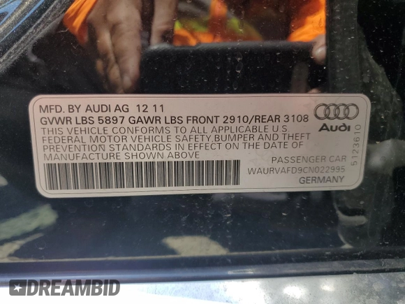 2012 Audi A8 with VIN WAURVAFD9CN022995, listed as a Copart auction lot 60225785 with 85,025 mi miles and Clean title. Bid and sale history available at DreamBid. Image 12.