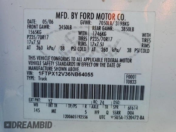 2006 Ford F-150 XL with VIN 1FTPX12V36NB64055, listed as a Copart auction lot 47470455 with 155,187 mi miles and Salvage Title. Bid and sale history available at carsss.com. Image 12.