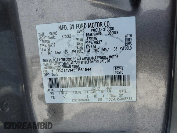 2005 Ford F-150 STX with VIN 1FTRX14W45FB61544, listed as a Copart auction lot 45526925 with 0 mi miles and Salvage Title. Bid and sale history available at carsss.com. Image 12.
