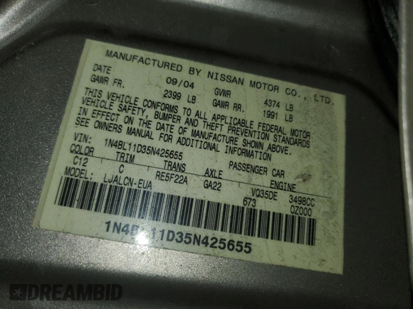 2005 Nissan Altima 3.5 SE with VIN 1N4BL11D35N425655, listed as a Copart auction lot 44838895 with 0 mi miles and Non Repairable. Bid and sale history available at carsss.com. Image 12.