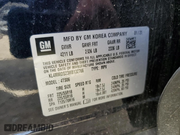 2021 Buick Encore GX Select with VIN KL4MMDS23MB132766, listed as a Copart auction lot 55040725 with 64,542 mi miles and Salvage title. Bid and sale history available at DreamBid. Image 13.
