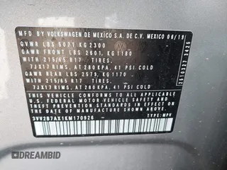 2019 Volkswagen Tiguan SE with VIN 3VV2B7AX1KM170926, listed as a IAAI auction lot 41953801 with 54,361 mi miles and . Bid and sale history available at DreamBid. Image 9.