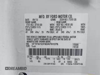 2013 Ford F-150 XL with VIN 1FTFW1EF8DKF91376, listed as a IAAI auction lot 41923110 with 226,254 mi miles and . Bid and sale history available at DreamBid. Image 9.