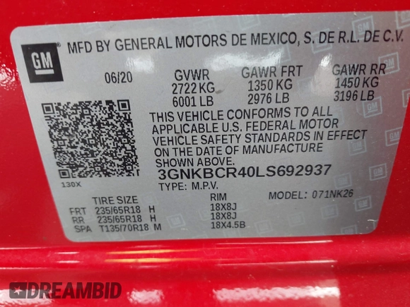 2020 Chevrolet Blazer LT with VIN 3GNKBCR40LS692937, listed as a IAAI auction lot 42258497 with 21,256 mi miles and . Bid and sale history available at DreamBid. Image 9.