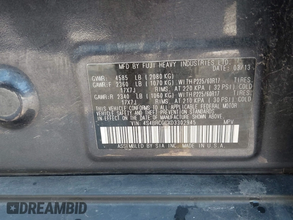 2013 Subaru Outback Premium with VIN 4S4BRCGCXD3302945, listed as a IAAI auction lot 42615095 with 137,113 mi miles and . Bid and sale history available at DreamBid. Image 9.