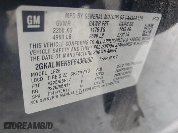 2015 GMC Terrain SLE with VIN 2GKALMEK8F6436080, listed as a Copart auction lot 61837255 with 131,563 mi miles and Salvage title. Bid and sale history available at DreamBid. Image 13.
