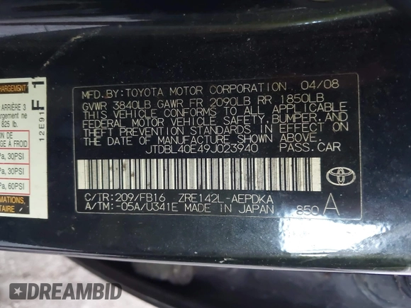 2009 Toyota Corolla with VIN JTDBL40E49J023940, listed as a IAAI auction lot 42437068 with 142,039 mi miles and . Bid and sale history available at DreamBid. Image 9.