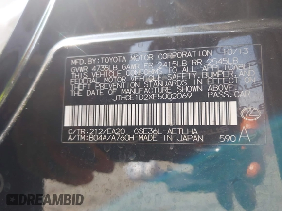 2014 Lexus IS 350 z VIN JTHCE1D2XE5002069, wystawiony jako IAAI lot #42360272 z przebiegiem 91 558 mil mil oraz . Historia ofert i sprzedaży dostępna na DreamBid. Obrazek 9.
