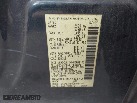 2013 Nissan Frontier SV with VIN 1N6AD0ER3DN746142, listed as a IAAI auction lot 41519017 with 166,482 mi miles and . Bid and sale history available at DreamBid. Image 9.
