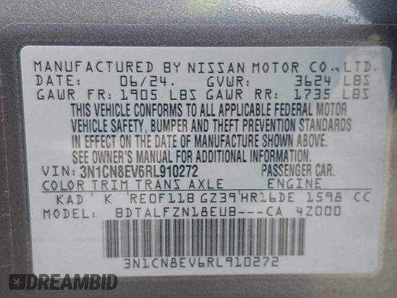 2024 Nissan Versa SV z VIN 3N1CN8EV6RL910272, wystawiony jako IAAI lot #42500325 z przebiegiem 8 343 mil mil oraz . Historia ofert i sprzedaży dostępna na DreamBid. Obrazek 9.