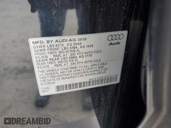 2010 Audi Q7 Premium Plus with VIN WA1LYAFE1AD001709, listed as a Copart auction lot 60903275 with 231,322 mi miles and Salvage title. Bid and sale history available at DreamBid. Image 14.