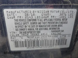 2019 Nissan Sentra SV z VIN 3N1AB7AP6KY221889, wystawiony jako IAAI lot #42077285 z przebiegiem 254 481 mil mil oraz . Historia ofert i sprzedaży dostępna na DreamBid. Obrazek 9.